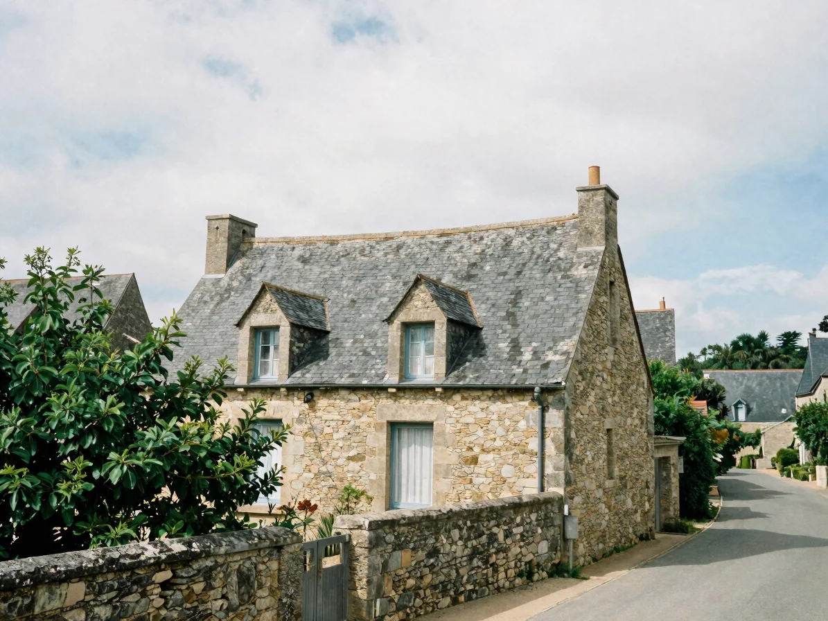 Weathered slate roof on a quiet Morbihan village street, soft overcast daylight, sand-toned stone walls, documentary fra
