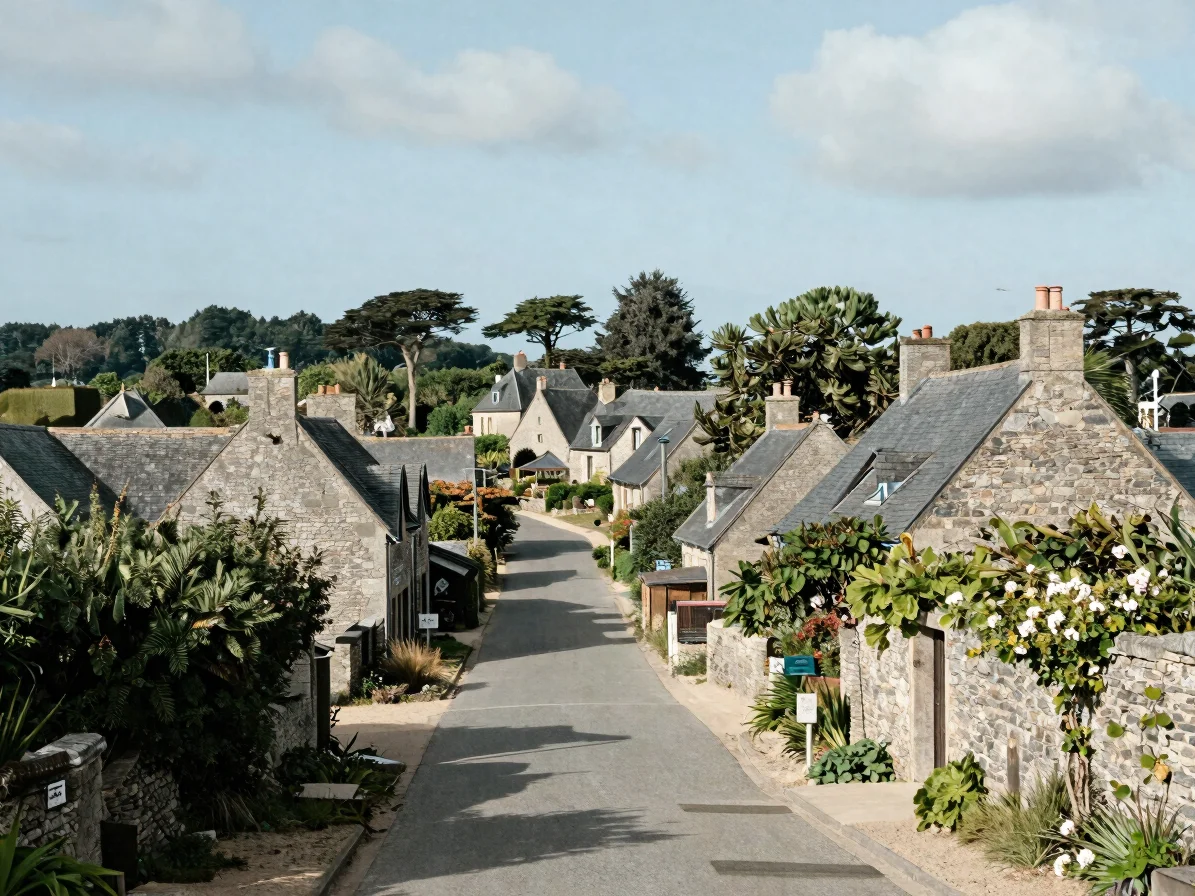 Quiet village common in rural Morbihan with stone houses and a shaded lane, soft Atlantic daylight, editorial landscape