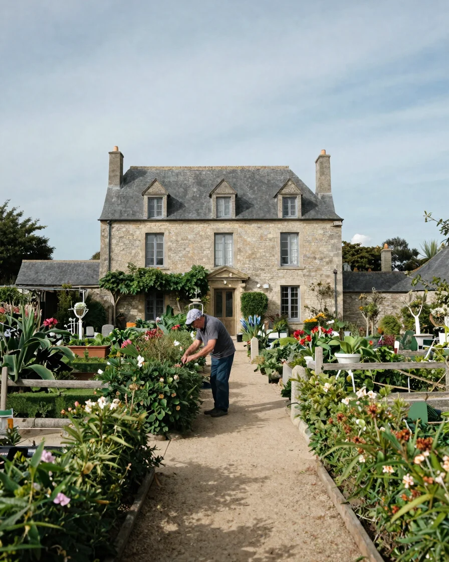 Stone house and garden in a living Morbihan hamlet, a resident tending a hedgerow path, soft changeable daylight, docume