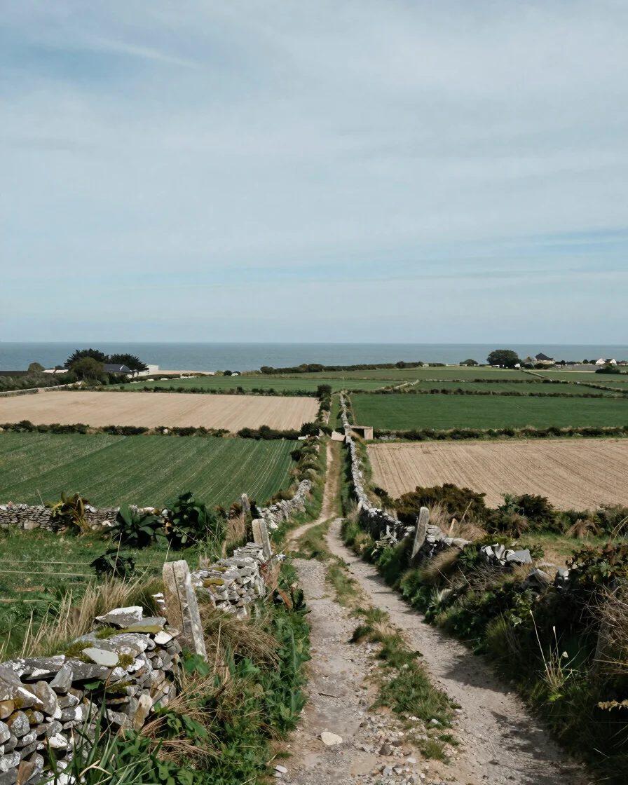 Wide, soft Atlantic daylight over a patchwork of bocage hedgerows