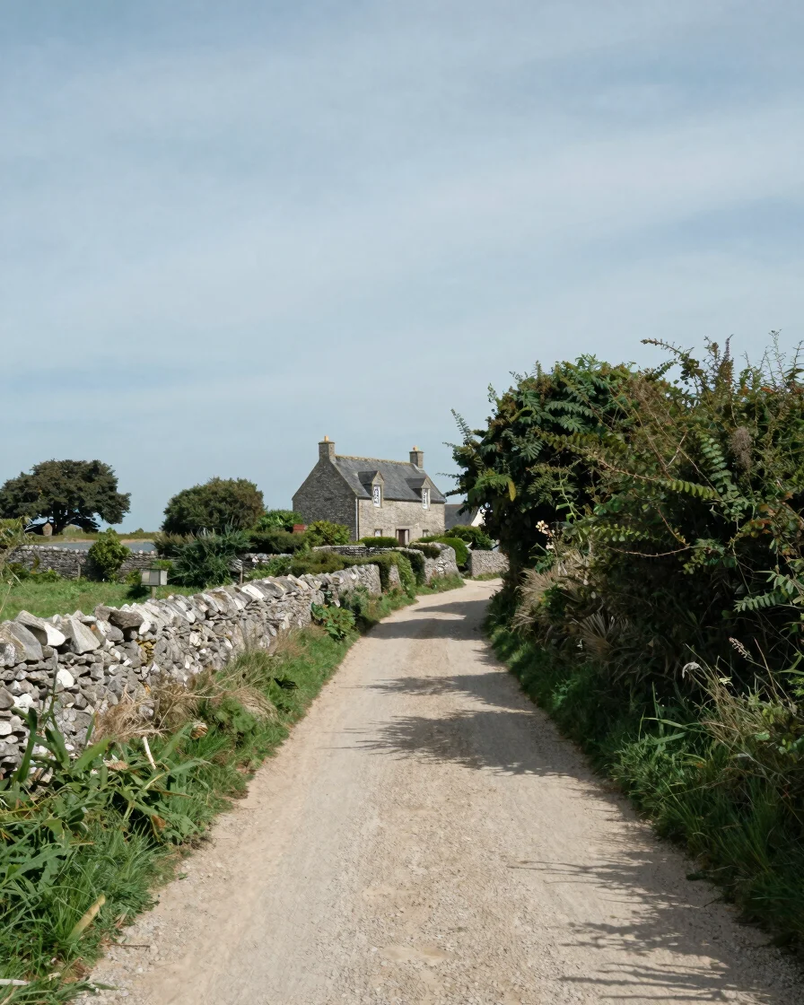 Wide documentary photograph of a quiet hedgerow-lined lane in Mor