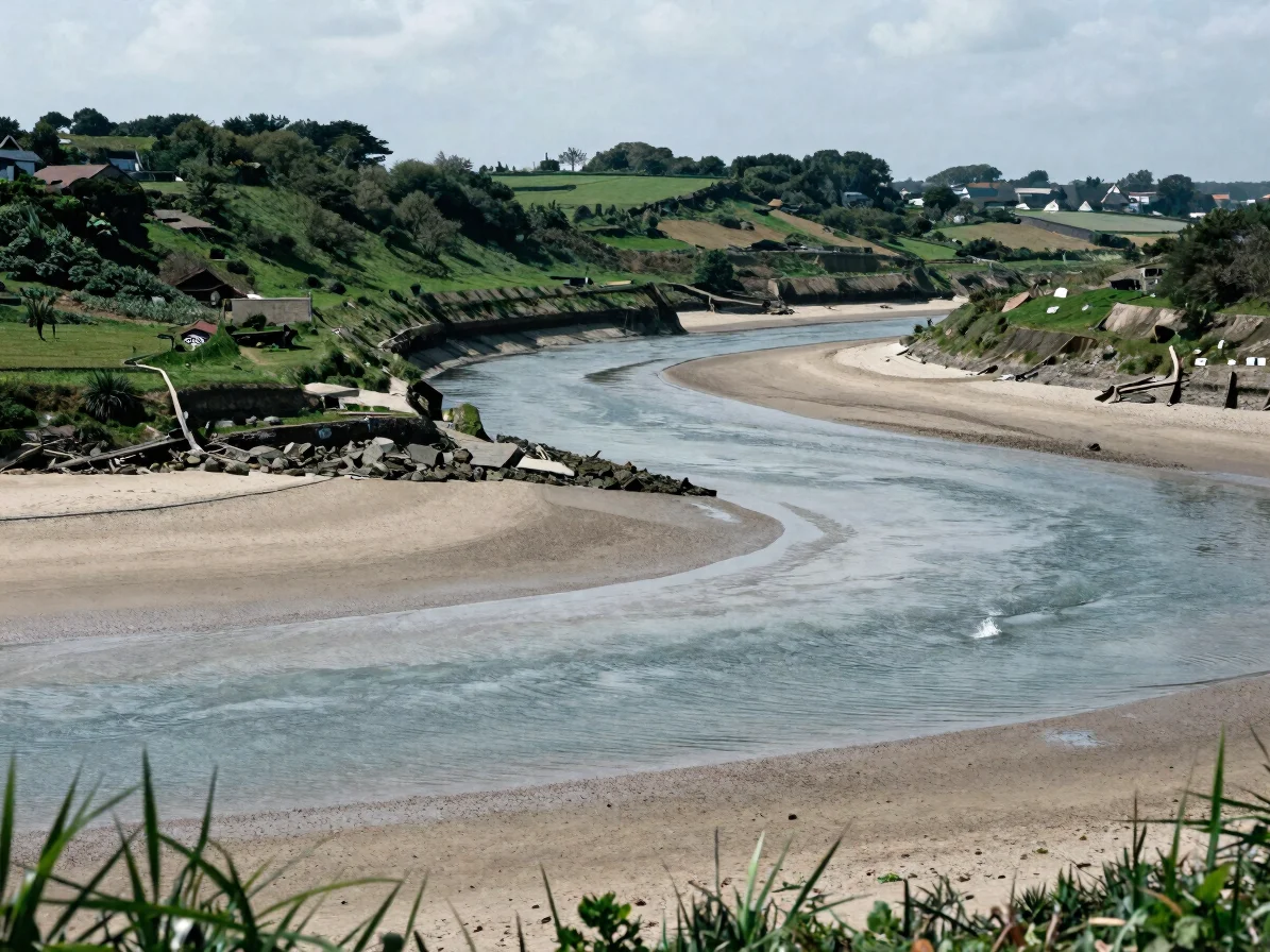 Inlet of the Morbihan Gulf at mid-tide with a narrow river valley
