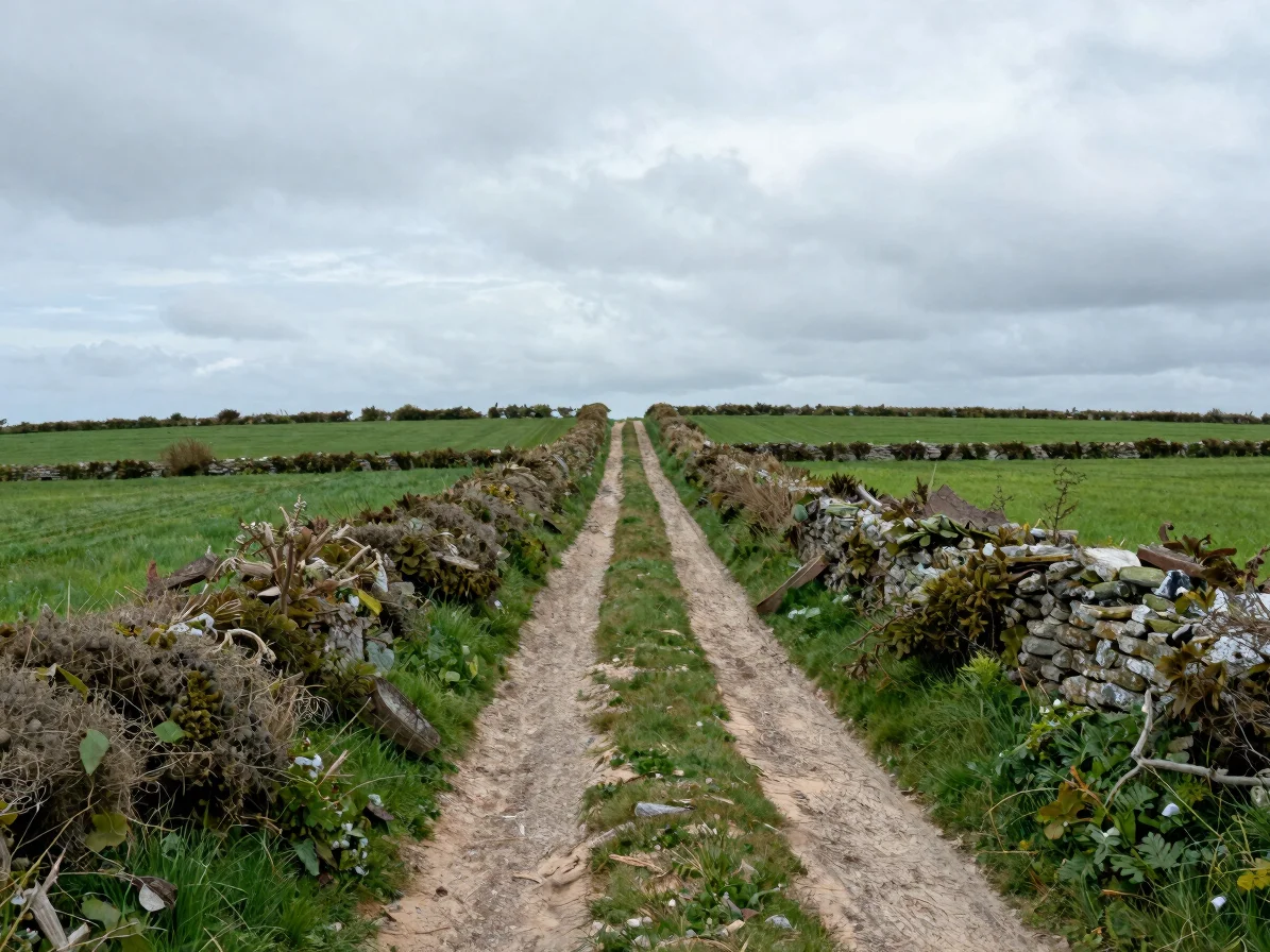 Bocage landscape with hedgerows and an old stone farm track under