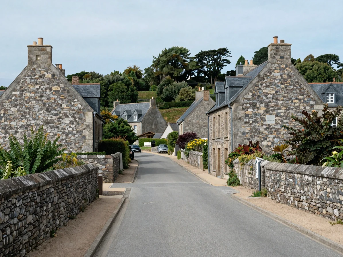 Granite and slate village street in Morbihan, ordinary houses and