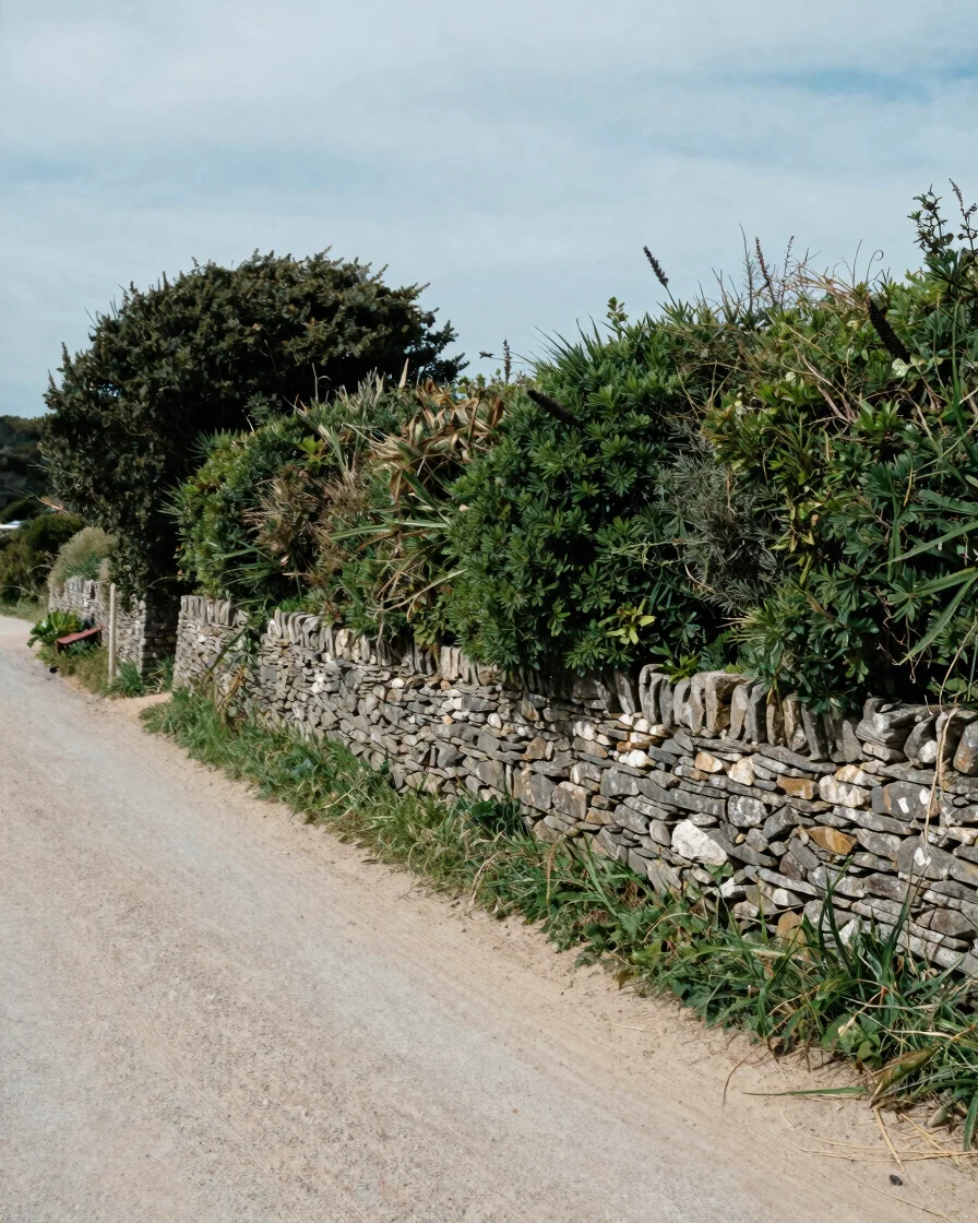 Editorial portrait-format photograph of a stone wall and hedgerow