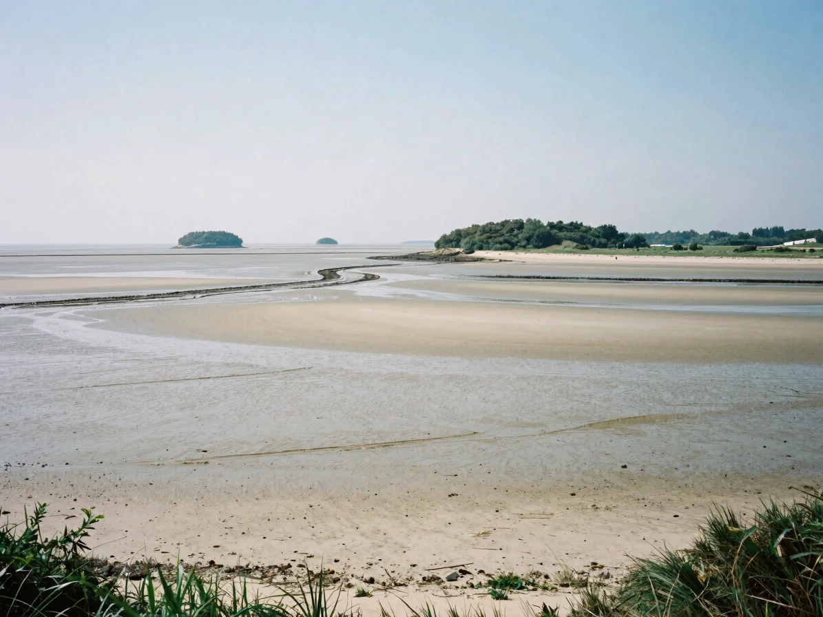 Wide documentary view of tidal mudflats in the Morbihan Gulf at low tide, soft Atlantic daylight, pale sand and channels