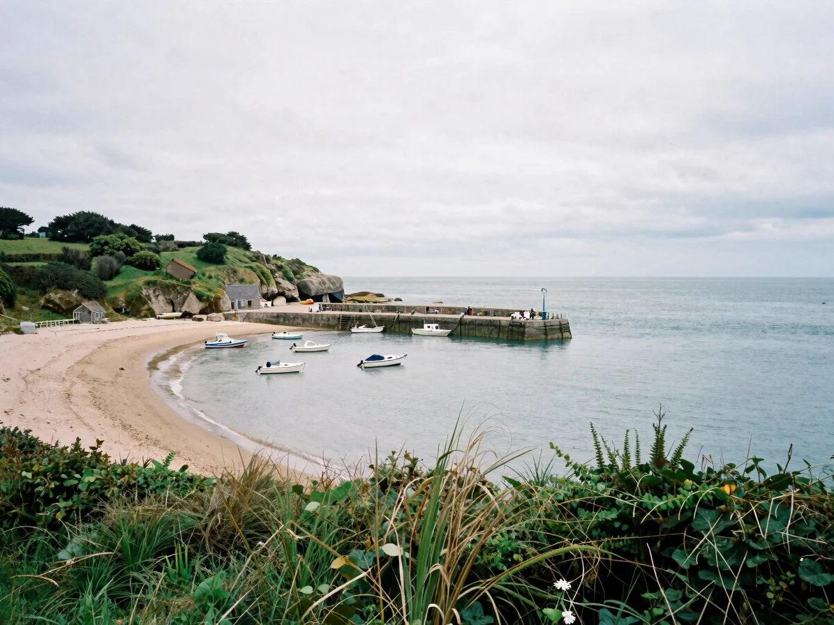 Sheltered cove on the Morbihan Gulf with a small stone quay, moored boats, hedgerows meeting the water, soft overcast At