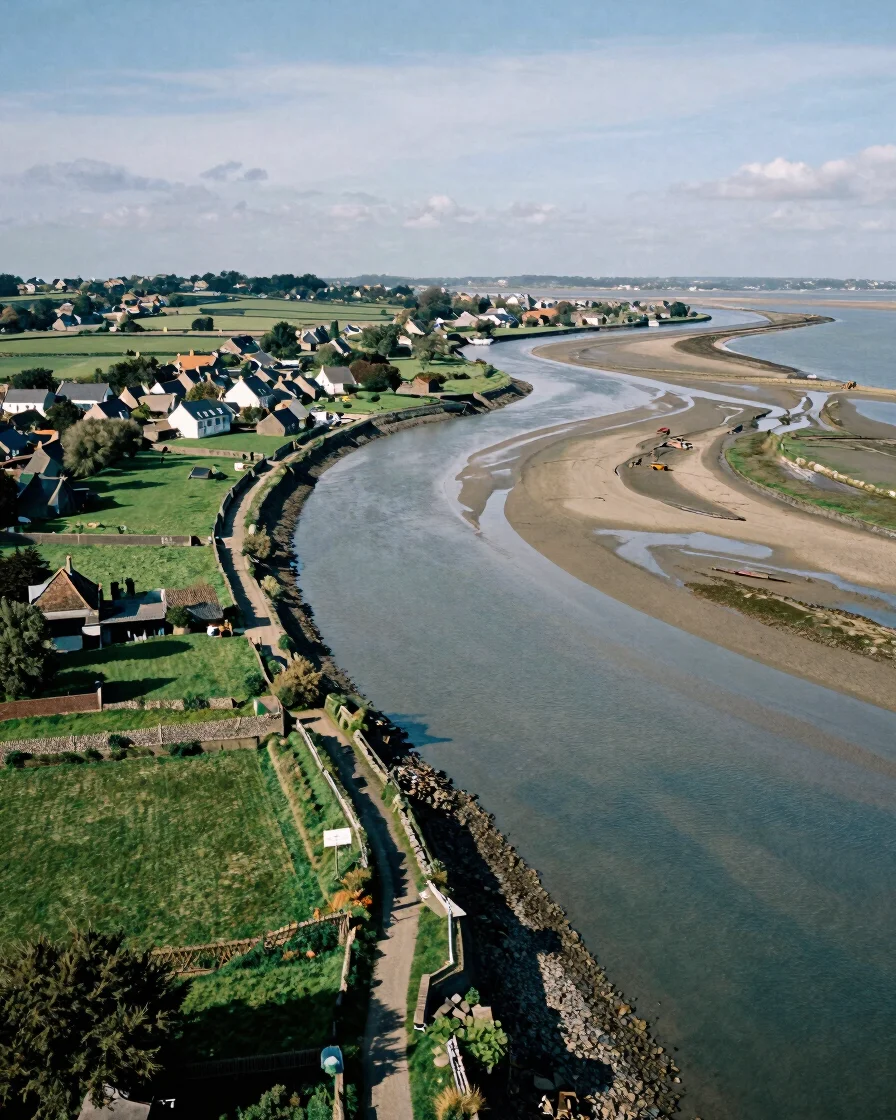Estuary of a Morbihan river meeting the tidal gulf, aerial-height documentary view, channels of water and mud, distant v